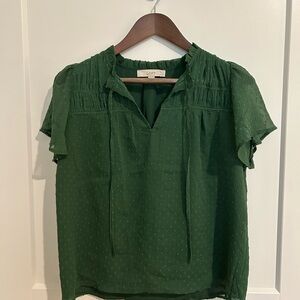 LOFT Green Smocked Blouse with Mandarin Collar